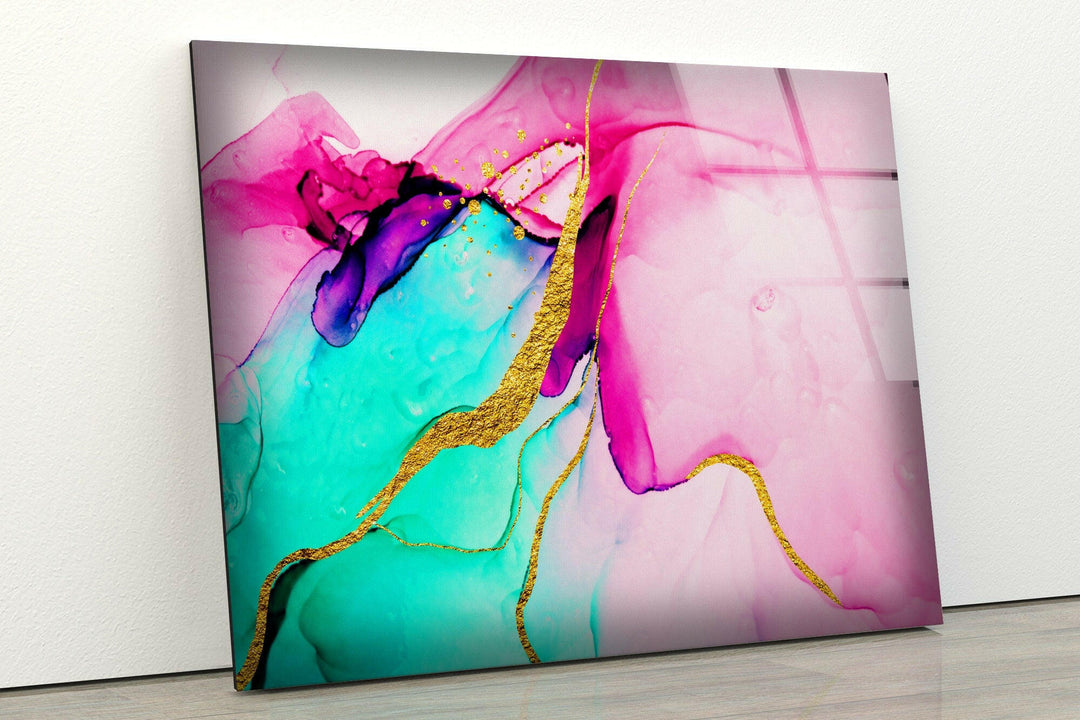 Pink Alcohol ink with Gold Lines Glass Wall Prints