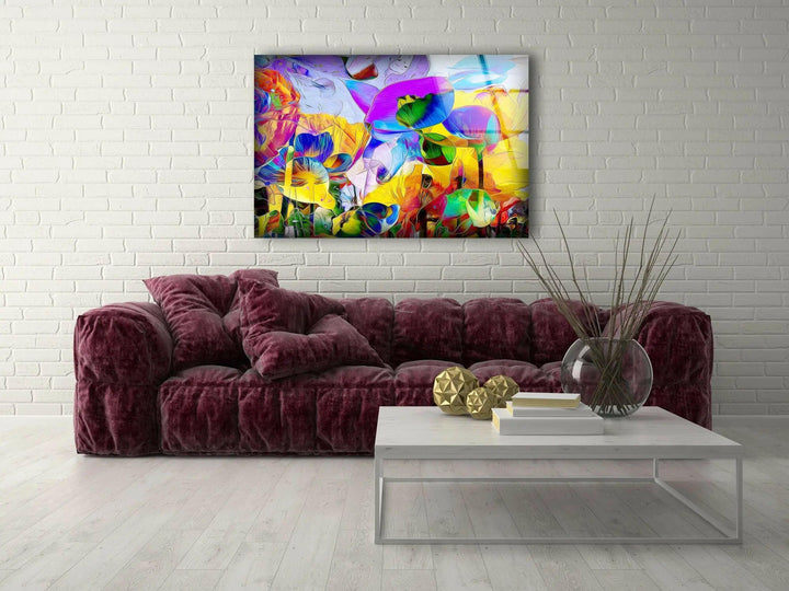 Purple & Yellow Flower Painting Glass Wall Art large glass photo prints, glass wall photos
