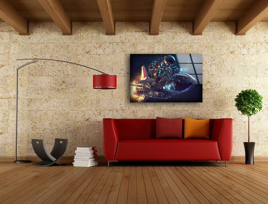 Astronaut On Rocket Glass Wall Art, picture on glass wall art, photos printed on glass