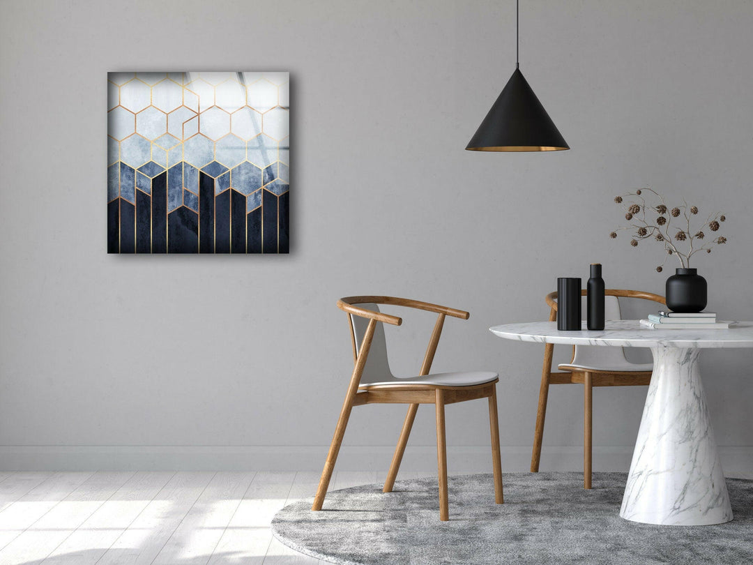 Blue Hexagons Abstract Glass Wall Art