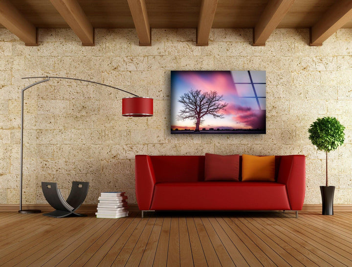 Huge Tree On Pink Sunset Glass Wall Art custom glass photo prints, large glass prints