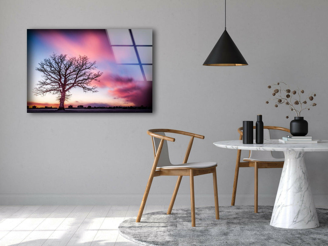 Huge Tree On Pink Sunset Glass Wall Art picture on glass wall art, photos printed on glass