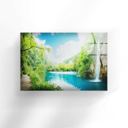 Green Forest & Waterfall Glass Wall Art