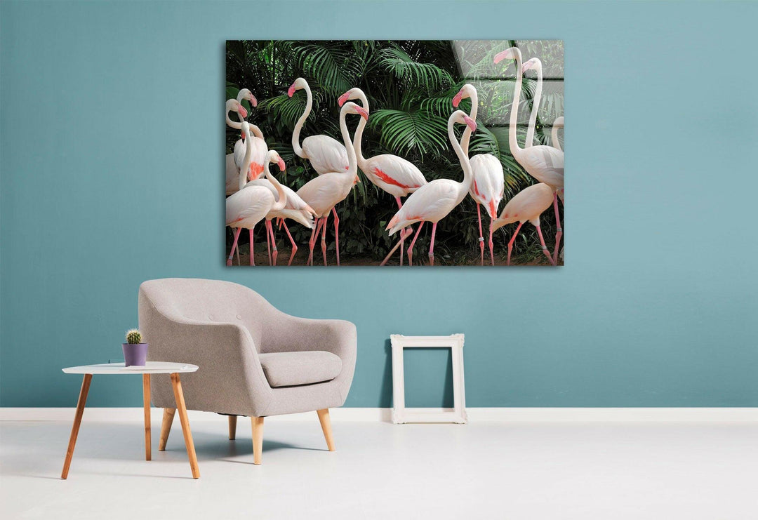 Group White Flamingos Glass Wall Art custom glass pictures, glass art prints