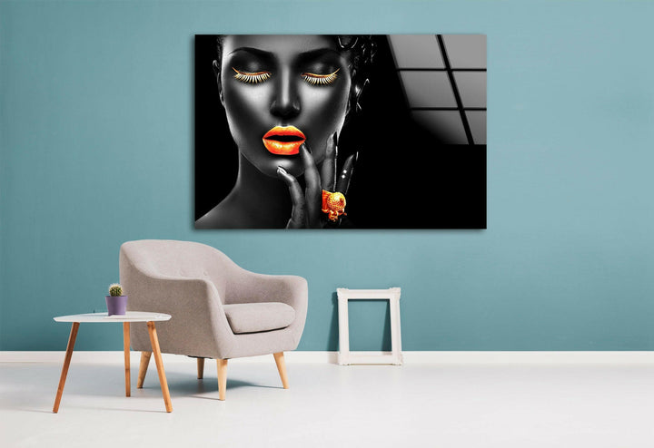 Gold Lips Woman Portrait Tempered Glass Wall Art - MyPhotoStation