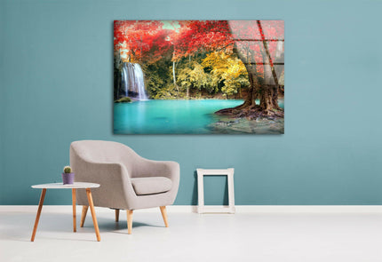 Waterfall in Autumn Forest Glass Wall Art