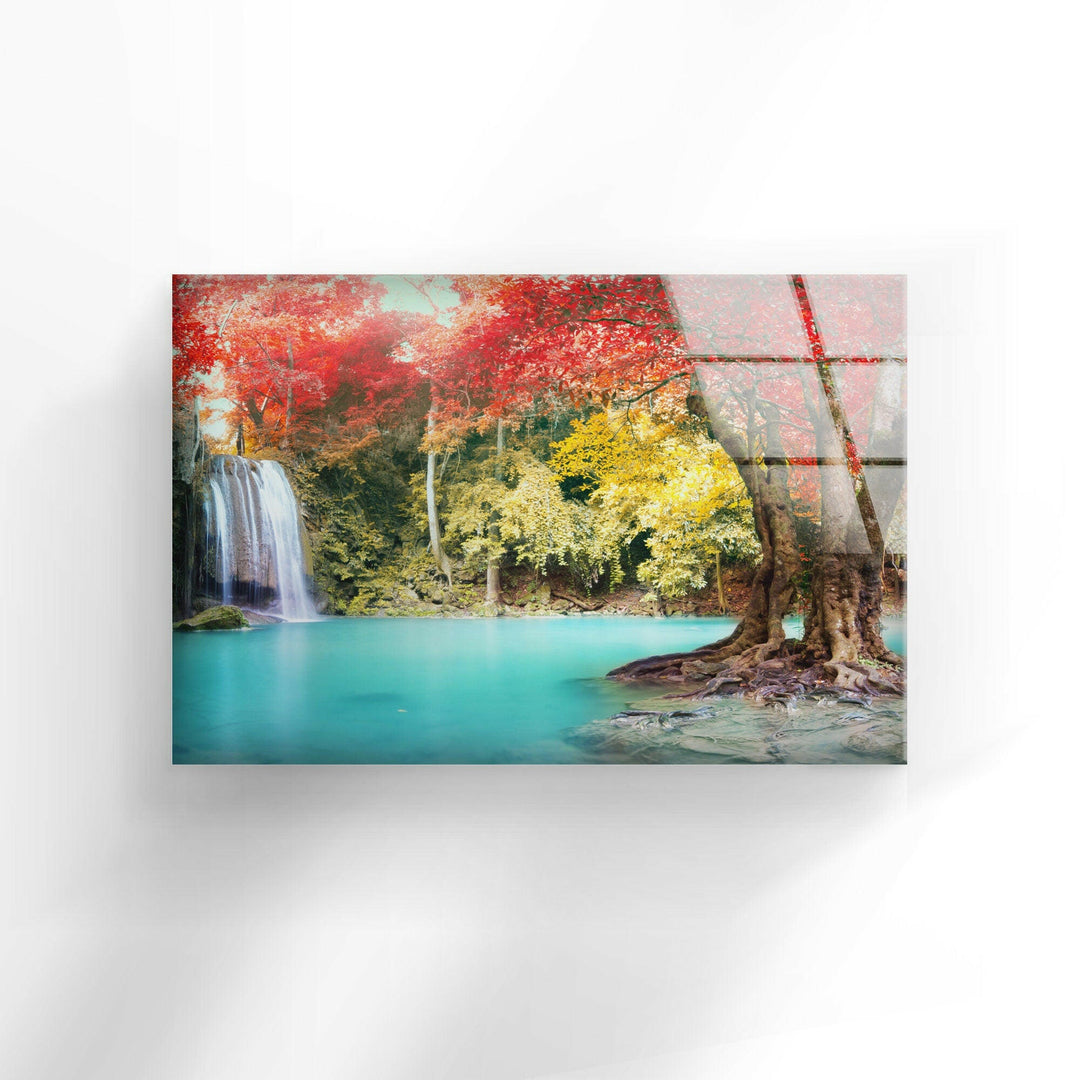 Waterfall in Autumn Forest Glass Wall Art  glass art painting, glass art for the Wall