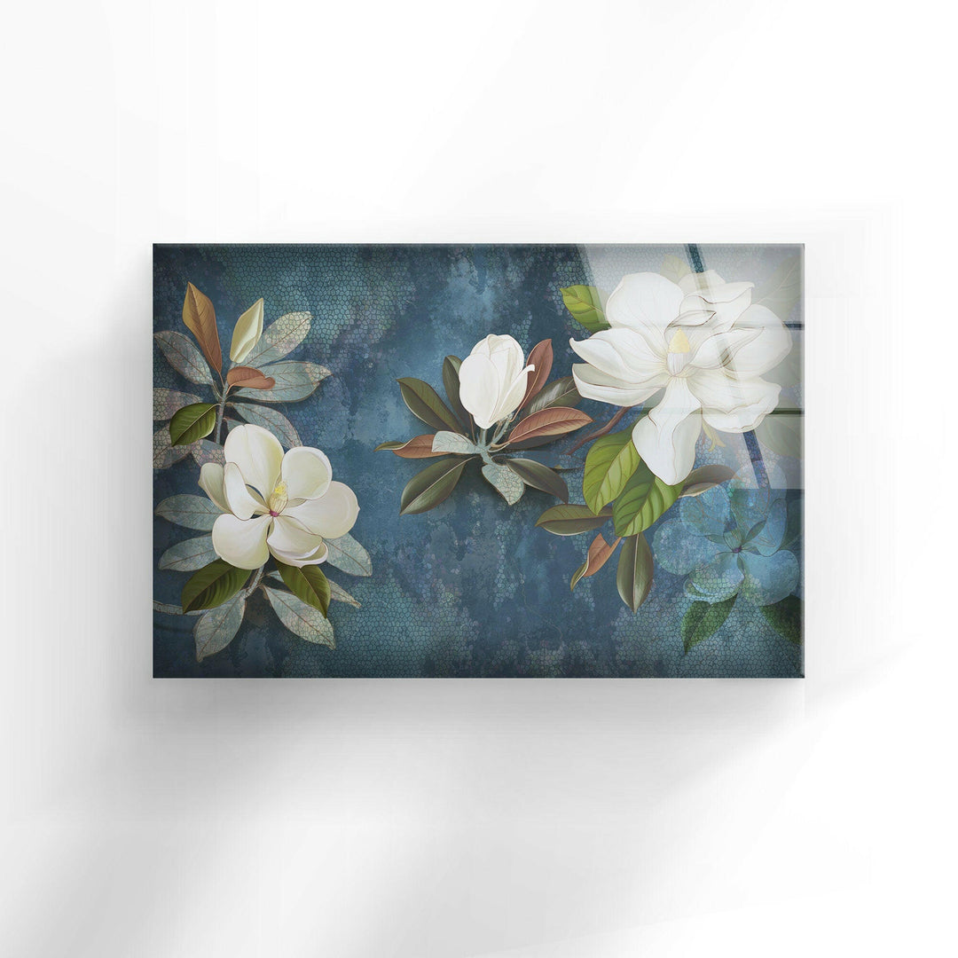 Painted White Magnolia Glass Wall Art, photo print on glass, prints on glass wall art