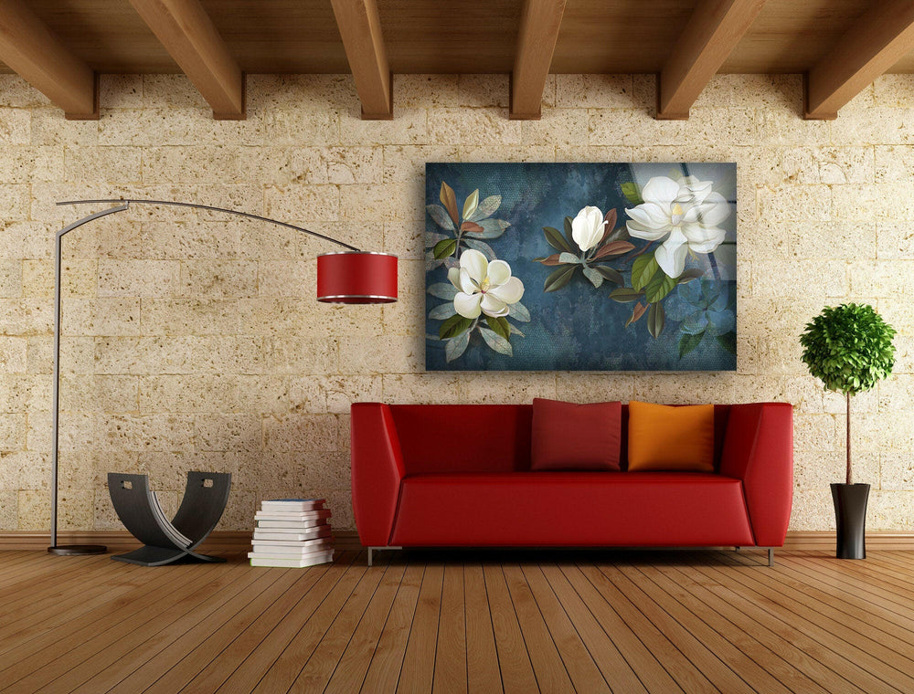 Painted White Magnolia Glass Wall Art, picture on glass wall art, photos printed on glass