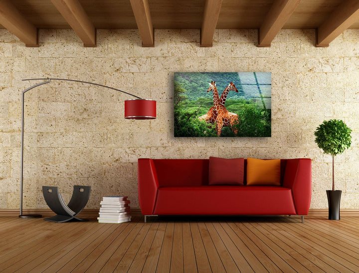 Giraffe in Forest Glass Wall Art picture on glass wall art, photos printed on glass