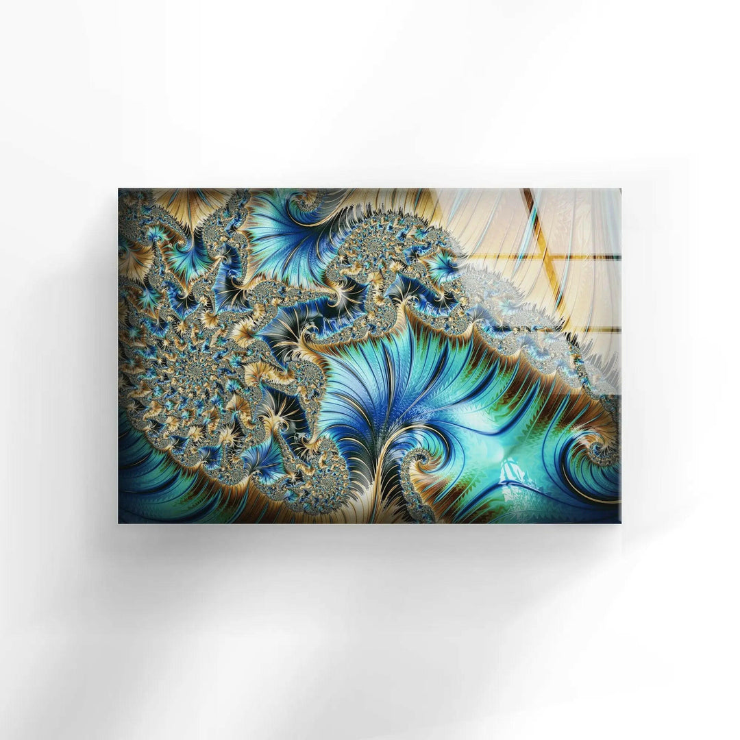 Blue Golden Fractal Glass Wall Art, glass photo prints, glass picture prints