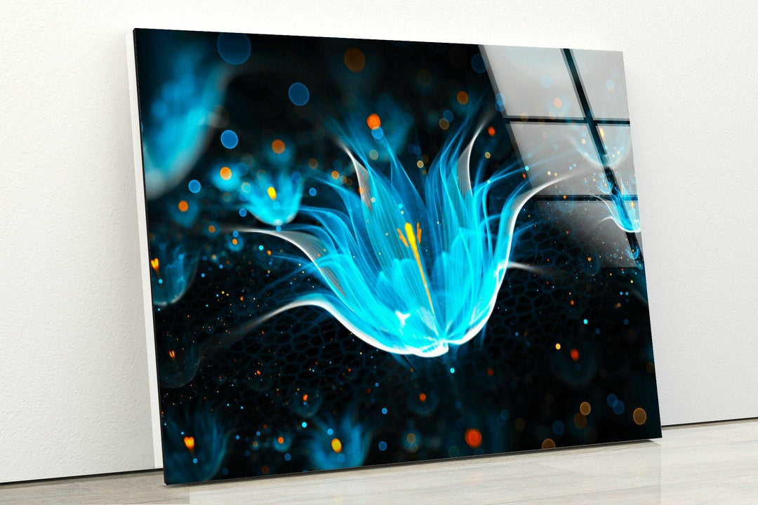 Neon Blue Flower Glass Wall Art, large glass photo prints, glass wall photos