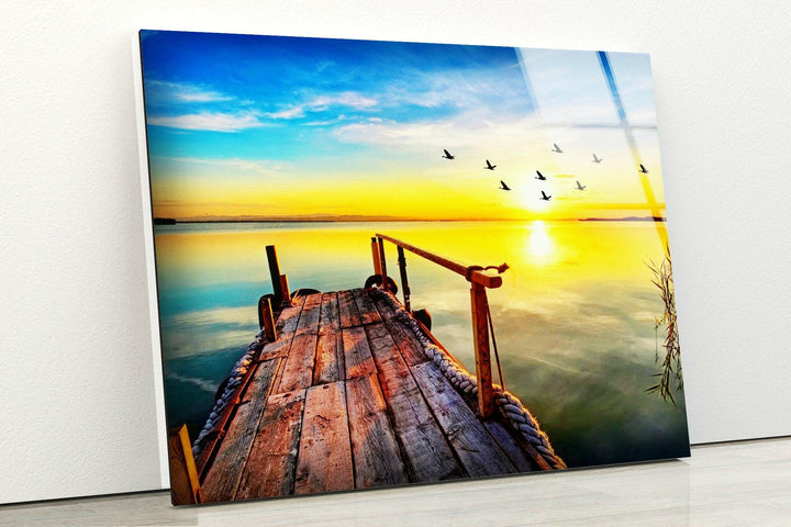 Sunset on The Lake & Birds Glass Wall Art