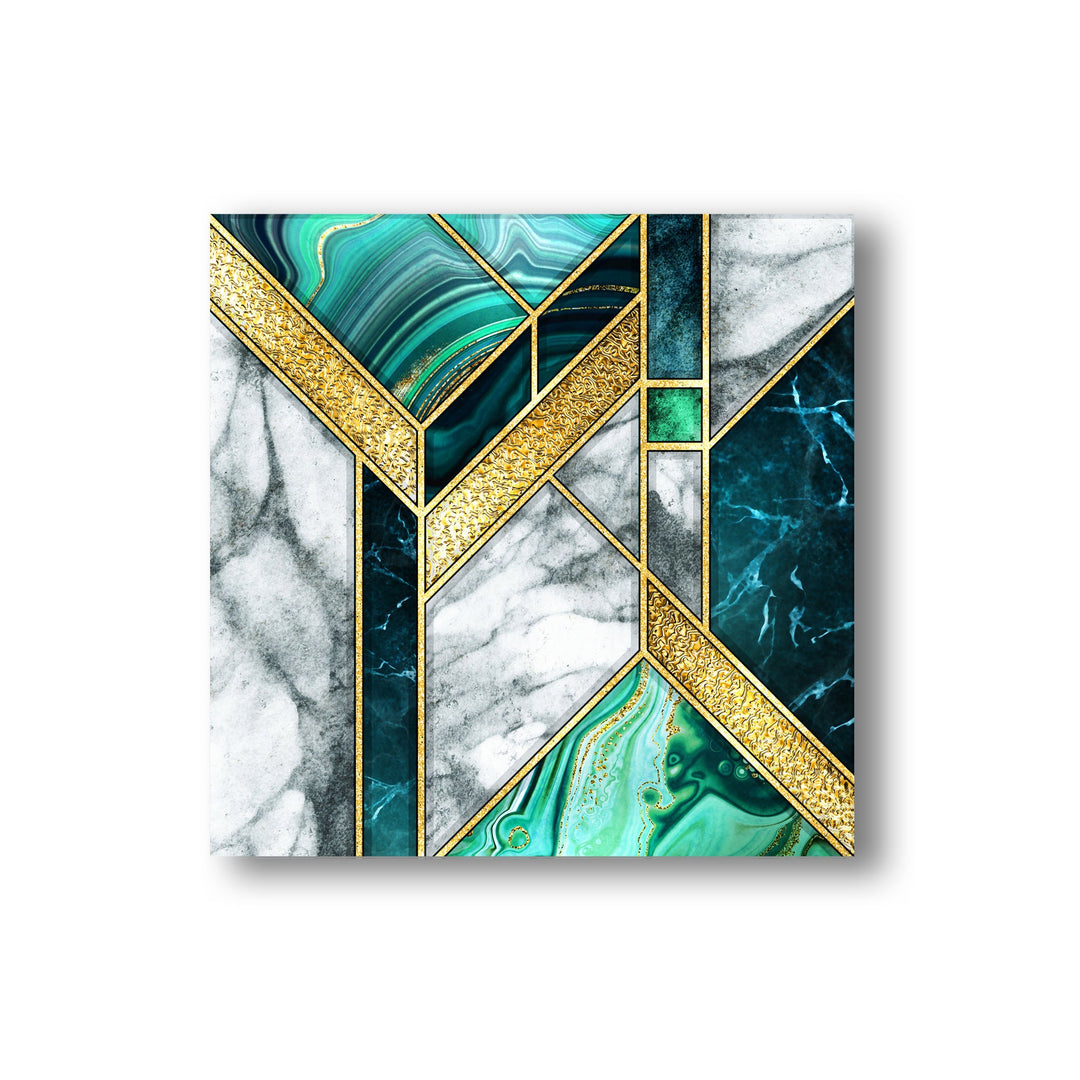 Green Gold Marble Geometric Abstract Glass Wall Art, glass photo prints, glass picture prints