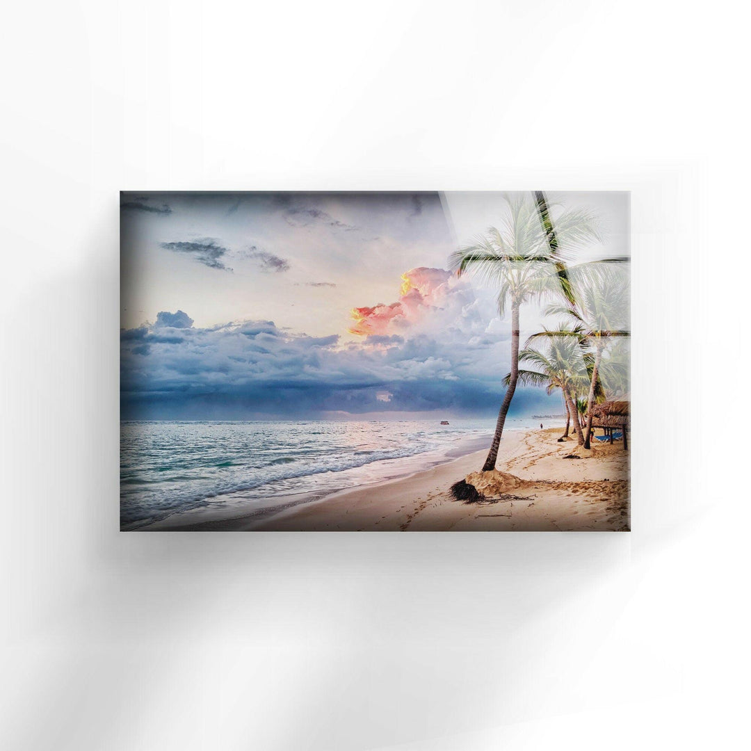 Tropical Beach With Palm Tree Glass Wall Art