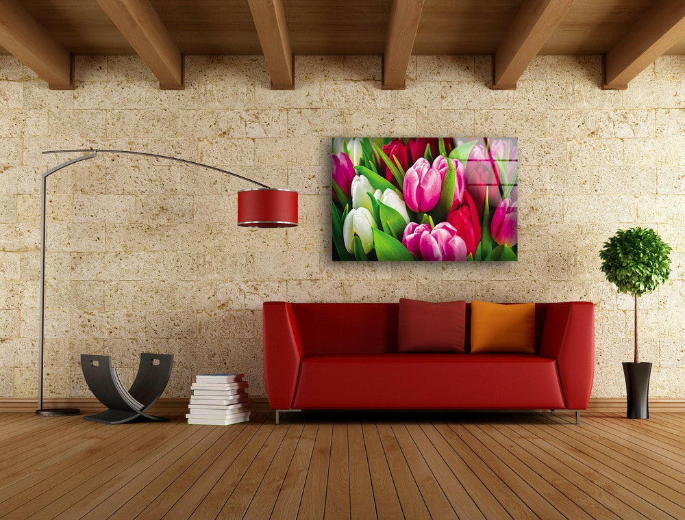 Colorful Tulips Glass Wall Art, glass wall decor, glass wall art decor