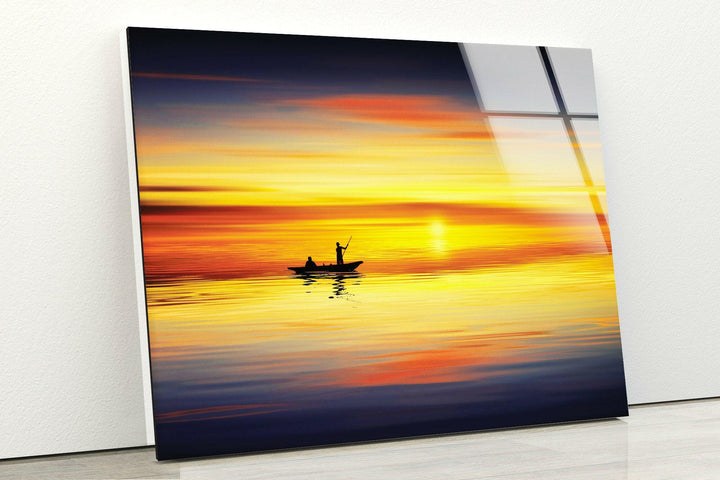 Sunset Sea Landscape & Boat Glass Wall Art glass pictures for Wall, glass prints wall art