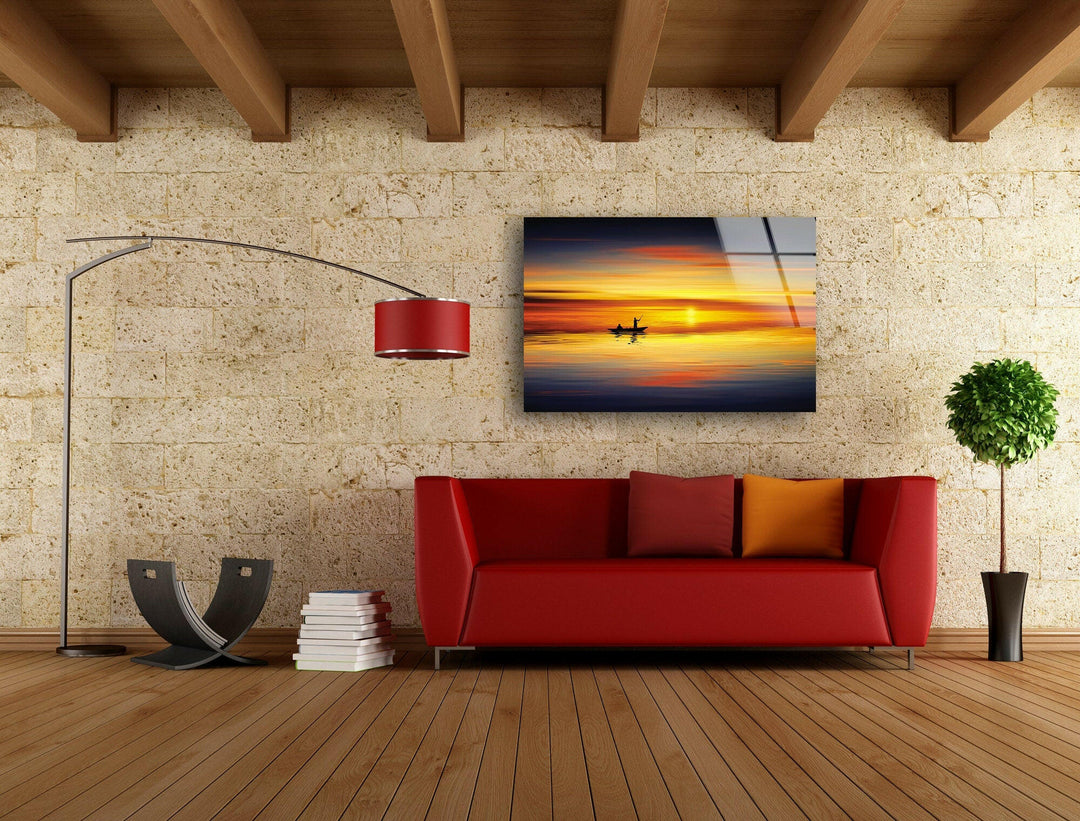 Sunset Sea Landscape & Boat Glass Wall Art glass photo prints, glass picture prints