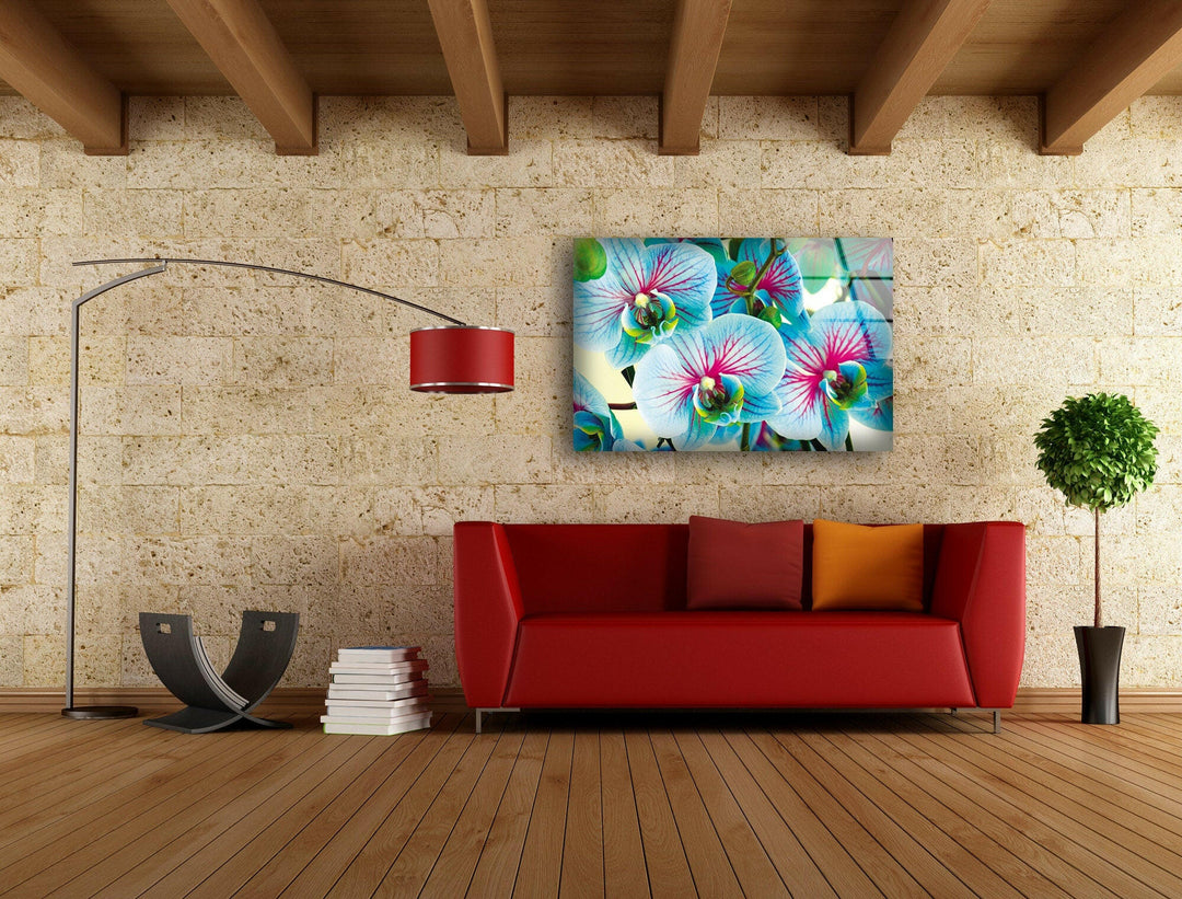 Blue & Pink Orchids Flowers Glass Wall Art, glass image printing, glass prints from photos