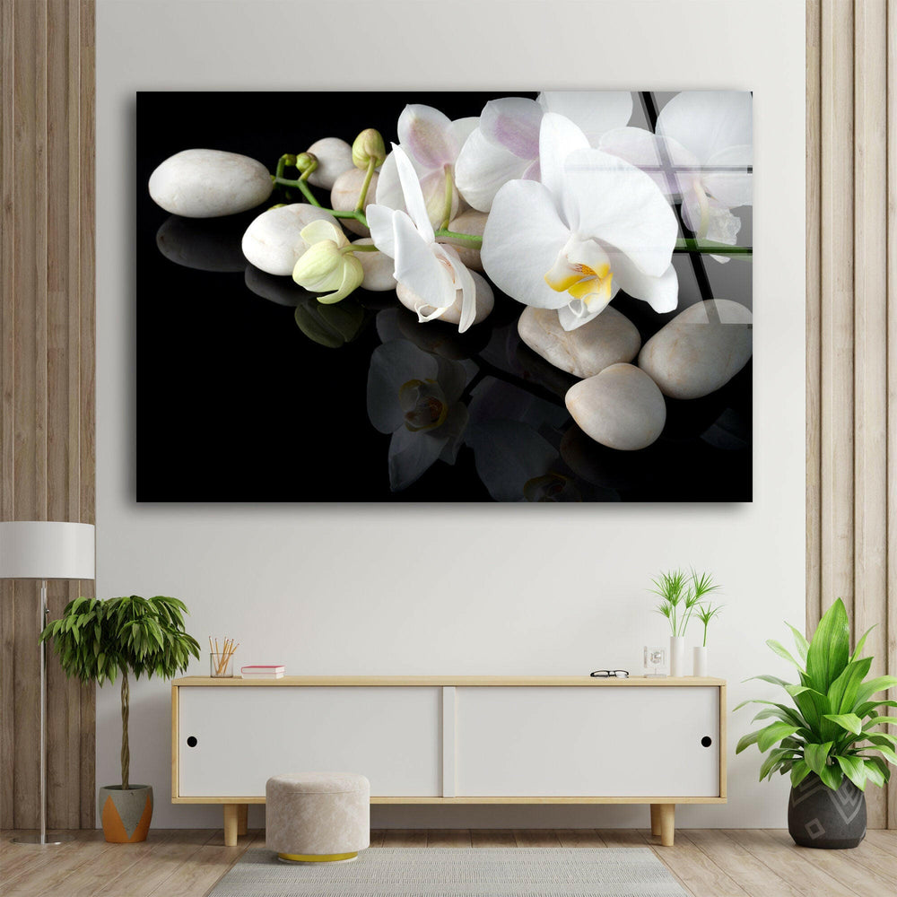 White Orchid Flower Glass Wall Art, glass wall decor, glass wall art decor