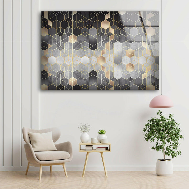 Black Hexagons Glass Wall Art , picture on glass wall art, photos printed on glass