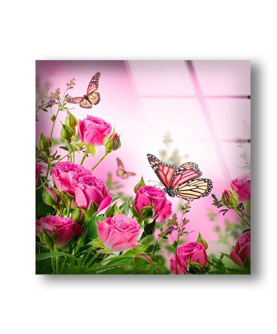 Pink Rose Butterfly Glass Wall Art, Glass Printing Wall Art, Print photos on glass