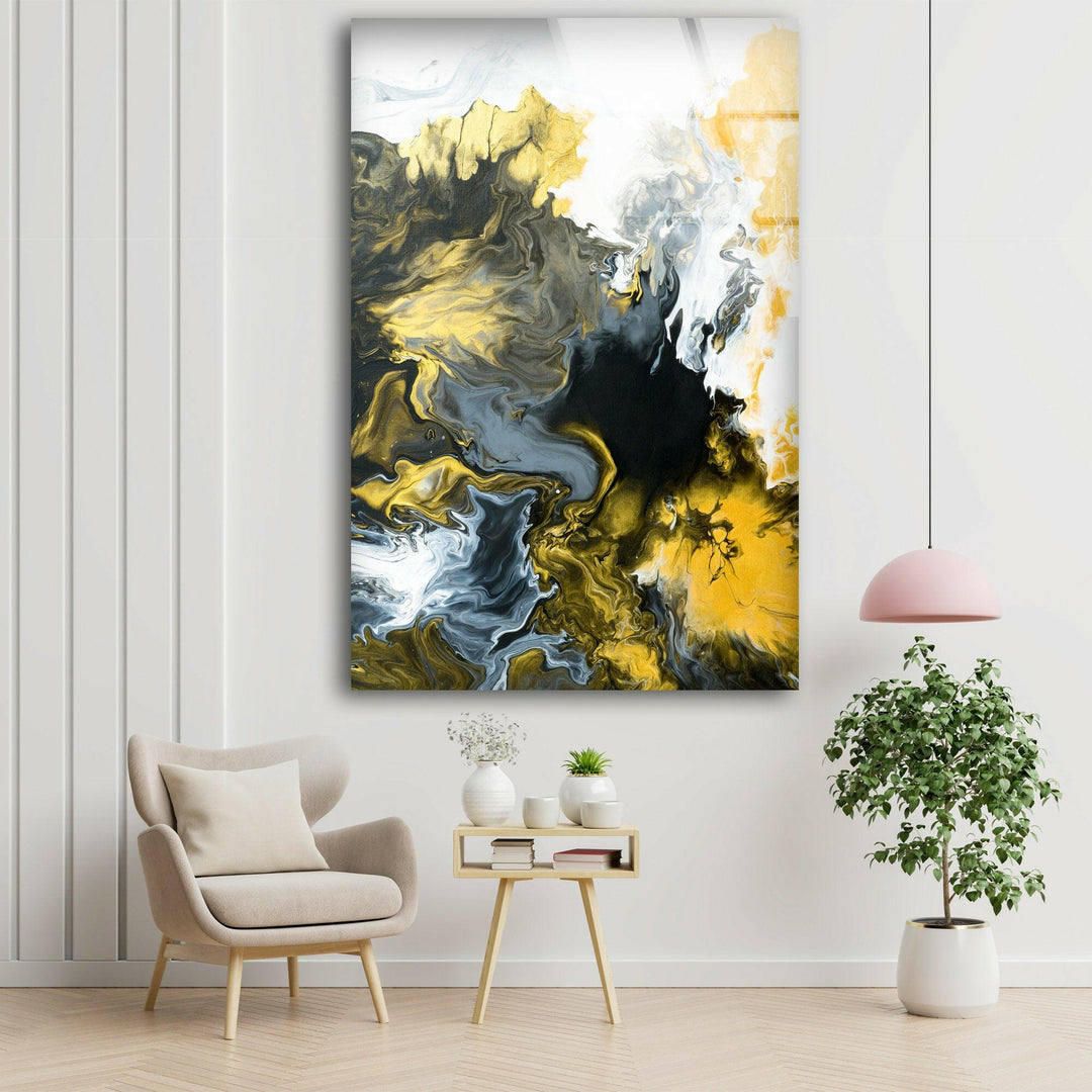 Black and White with Gold Abstract Tempered Glass Wall Art