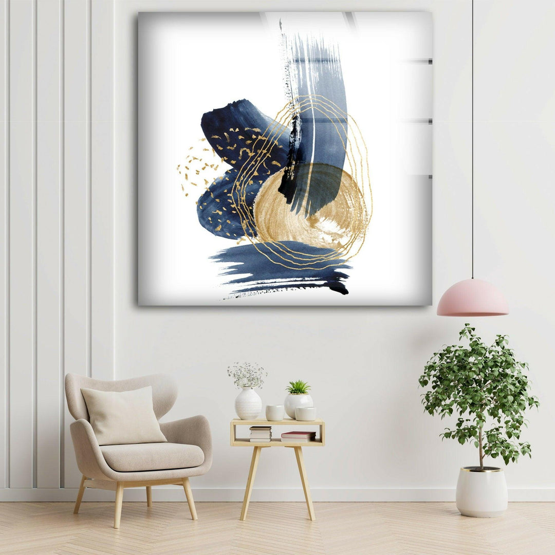 Blue Gold Abstract Painting Glass Wall Art glass pictures for Wall, glass prints wall art