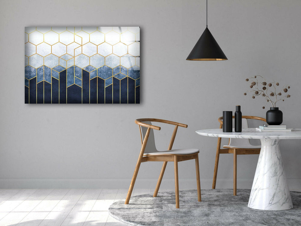 Blue Hexagons Abstract Glass Printing Wall Arts - artdesigna-glass-wall-art