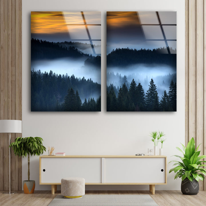 Foggy Forest At Sunset Glass Wall Art, picture on glass wall art, photos printed on glass