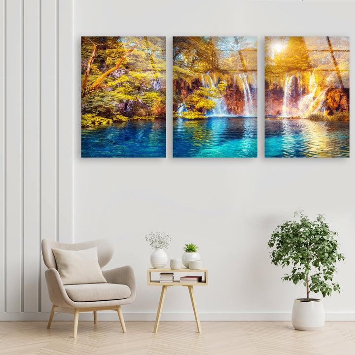 Waterfall & Lake Landscape Glass Wall Art, custom glass pictures, glass art prints