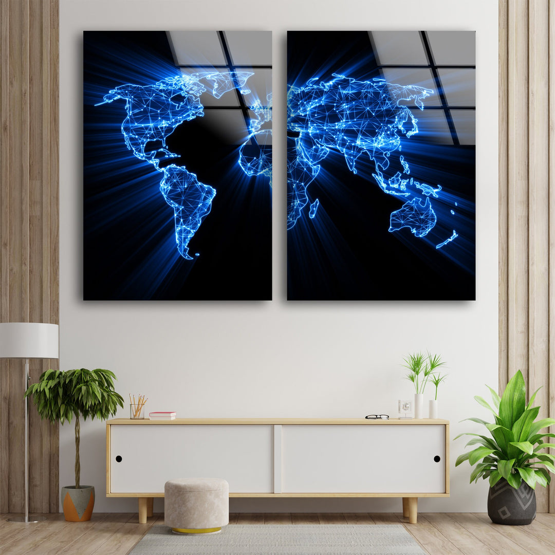 Glowing Blue World Map Glass Wall Art, large glass photo prints, glass wall photos