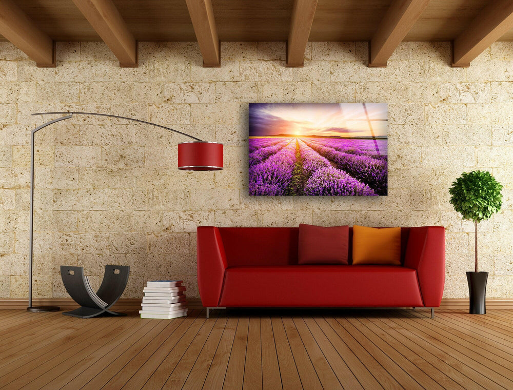 Lavender Field Sunrise Glass Wall Art             glass wall decor, glass wall art decor