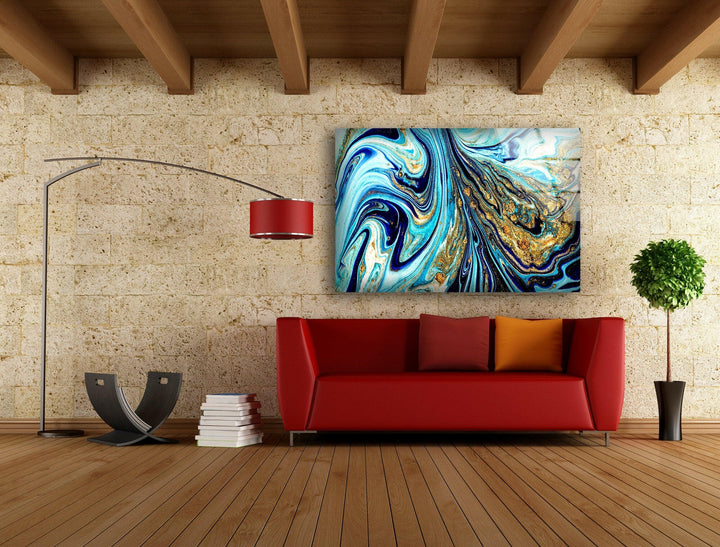 Blue and Gold Veins Alcohol ink Glass Wall Art