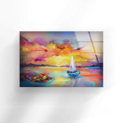 Sunset Sea Painting Glass Wall Art