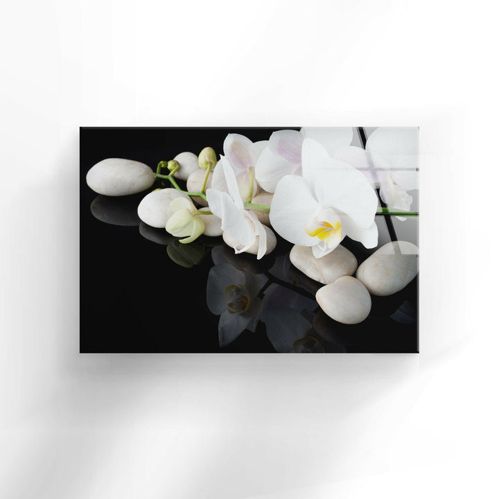 White Orchid Flower Glass Wall Art, glass art painting, glass art for the Wall