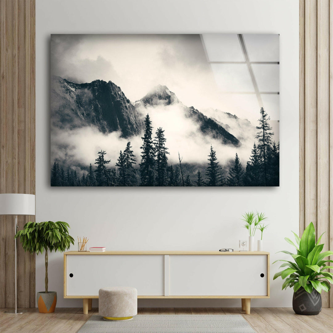 Foggy Mountains Banff Glass Wall Art picture on glass wall art, photos printed on glass