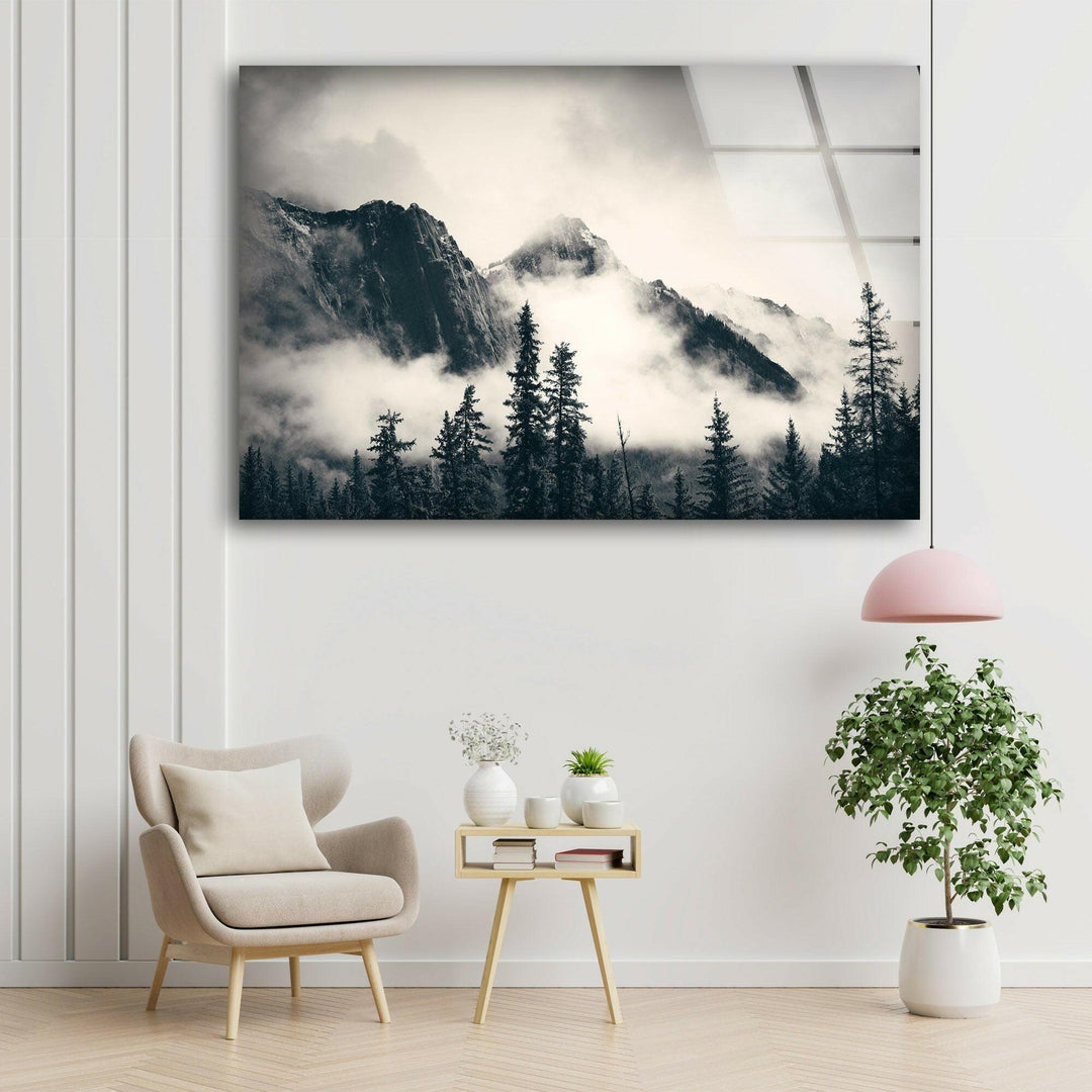 Foggy Mountains Banff Glass Wall Art custom glass photo prints, large glass prints