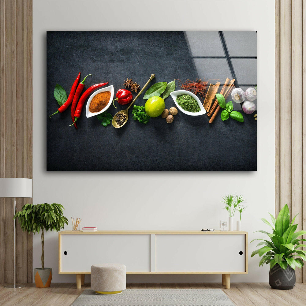 Spices Kitchen Glass Wall Art, picture on glass wall art, photos printed on glass