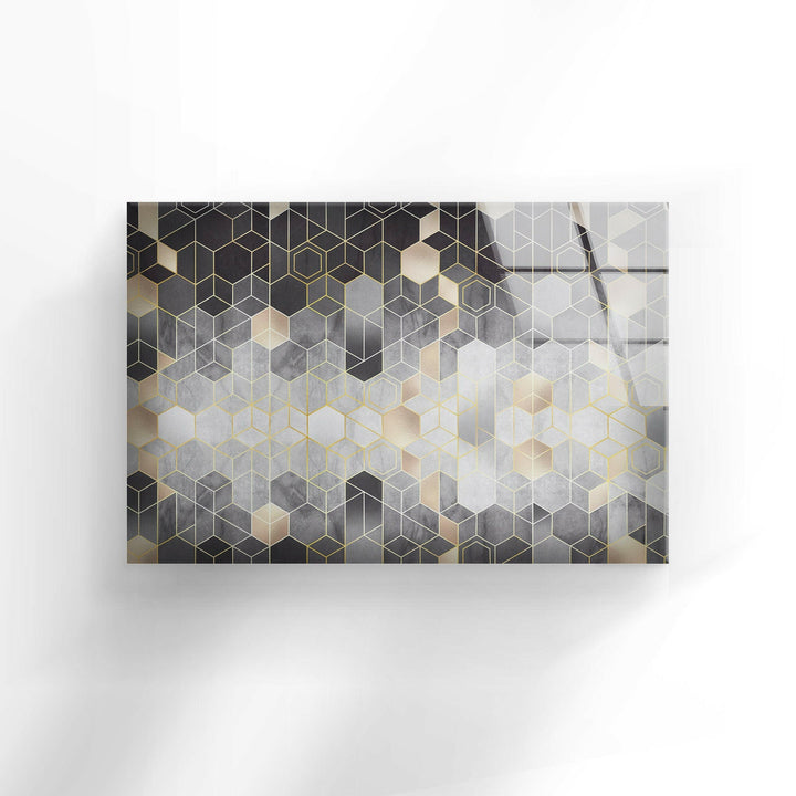 Black Hexagons Glass Wall Art , glass pictures for Wall, glass prints wall art