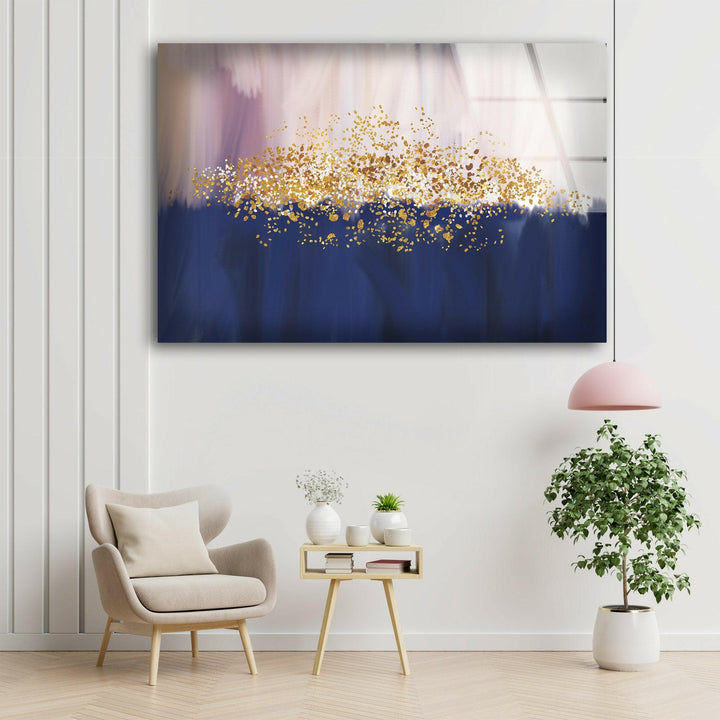 Abstract Blue and Golden Glass Wall Art, picture on glass wall art, photos printed on glass