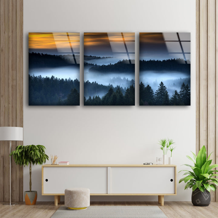 Foggy Forest At Sunset Glass Wall Art, custom glass photo prints, large glass prints