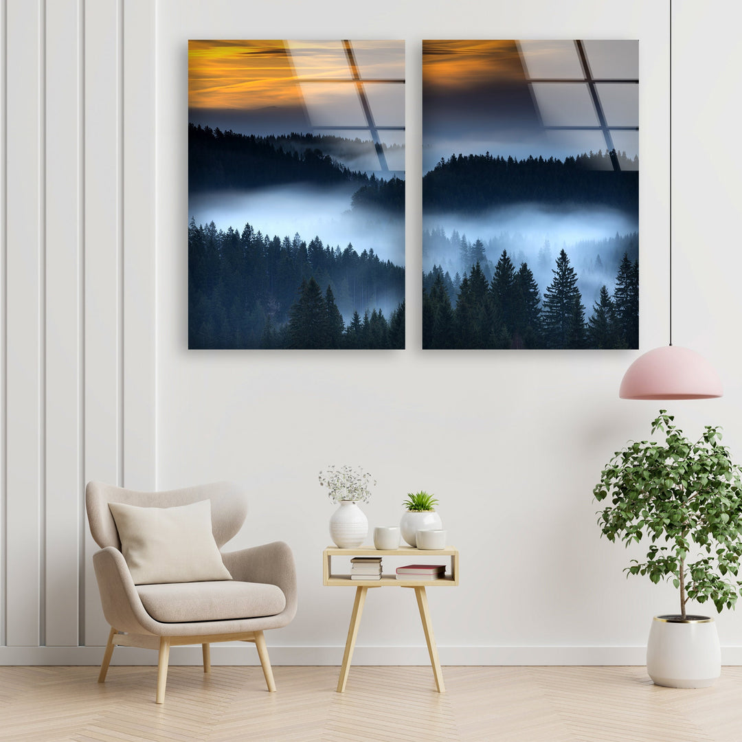 Foggy Forest At Sunset Glass Wall Art, print on glass, glass printed photos