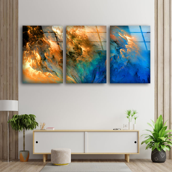 Blue, Yellow Cloudy Abstract Glass Wall Art, glass art painting, glass art for the Wall