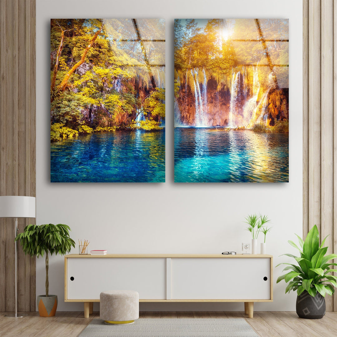 Waterfall & Lake Landscape Glass Wall Art, glass pictures for Wall, glass prints wall art