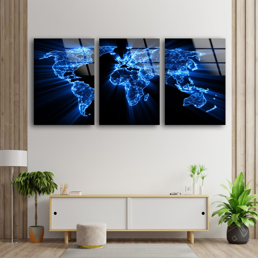 Glowing Blue World Map Glass Wall Art, photo print on glass, prints on glass wall art