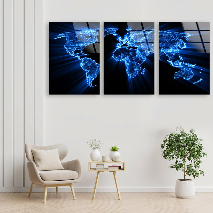 Glowing Blue World Map Glass Wall Art, custom glass photo prints, large glass prints