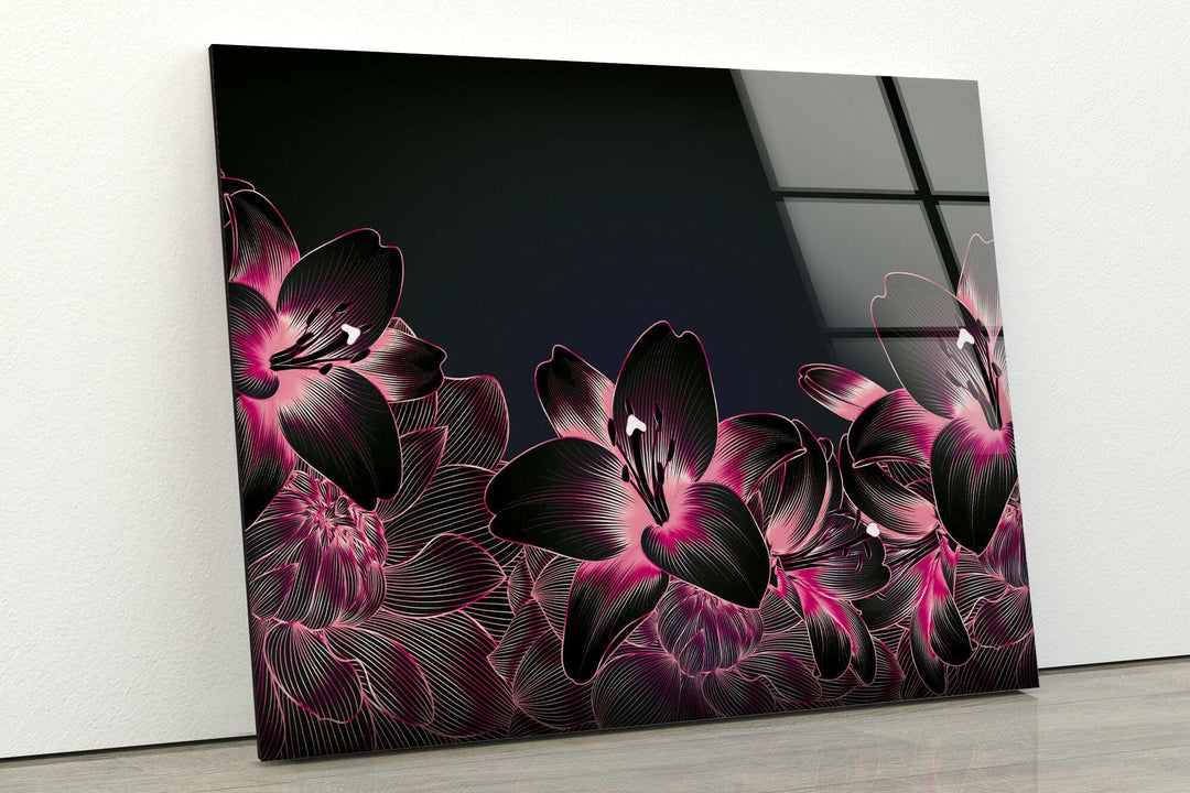 Pink Botanical Floral On Black Glass Wall Art, art glass wall art, glass wall art pictures
