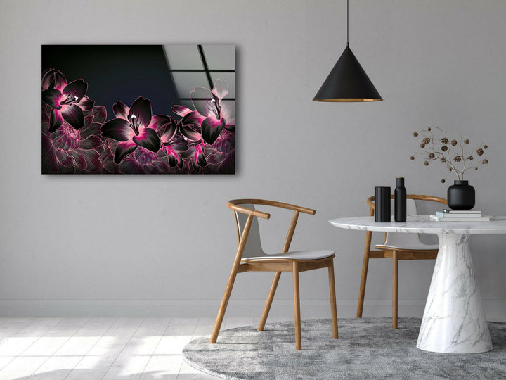 Pink Botanical Floral On Black Glass Wall Art, Glass Printing Wall Art, Print photos on glass
