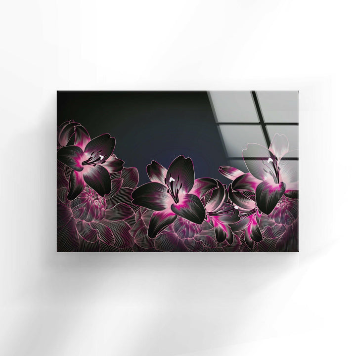 Pink Botanical Floral On Black Glass Wall Art, glass art painting, glass art for the Wall
